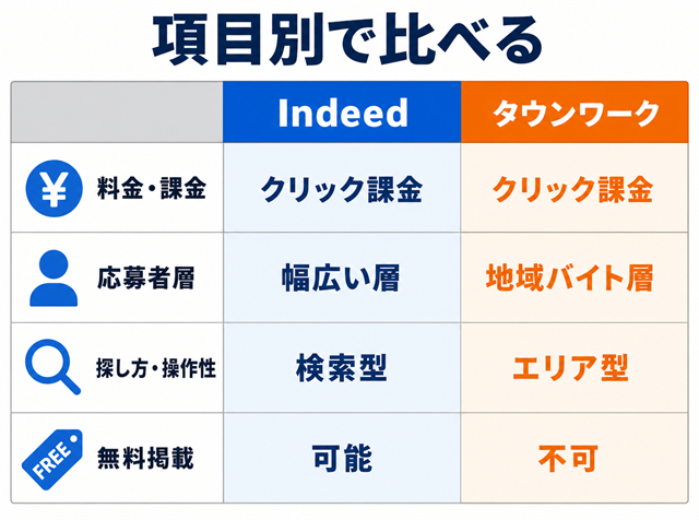 Indeedとタウンワークを料金・応募者層・操作性・無料掲載の項目別に比較した図解
