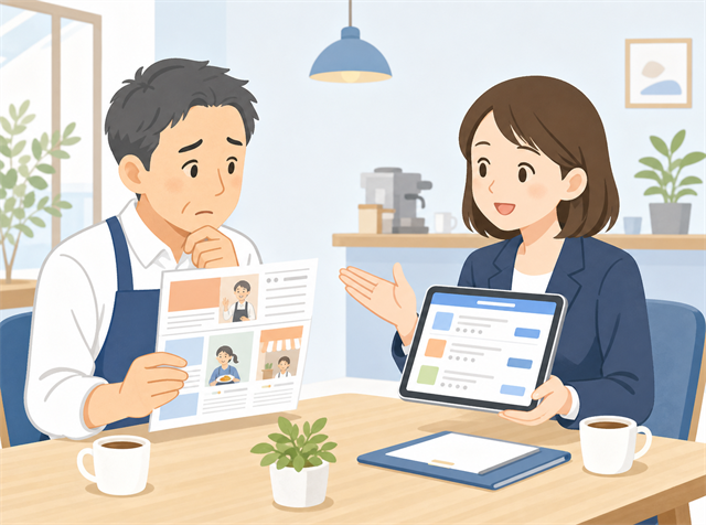 タウンワークの掲載方法変更を受けてIndeedとの使い分けを代理店に相談する飲食店店長のイラスト