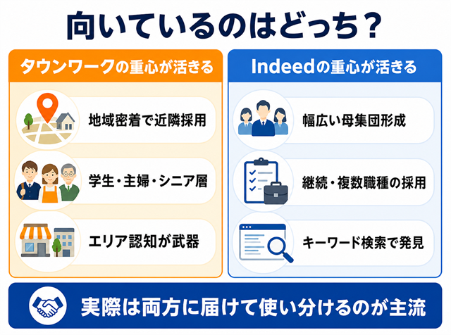 アルバイト採用でタウンワークの重心が活きるケースとIndeedの重心が活きるケースを業種・目的別に整理した図解