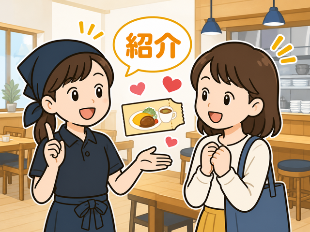 飲食チェーンの友人紹介制度でアルバイトが友人を誘って採用につながるイラスト