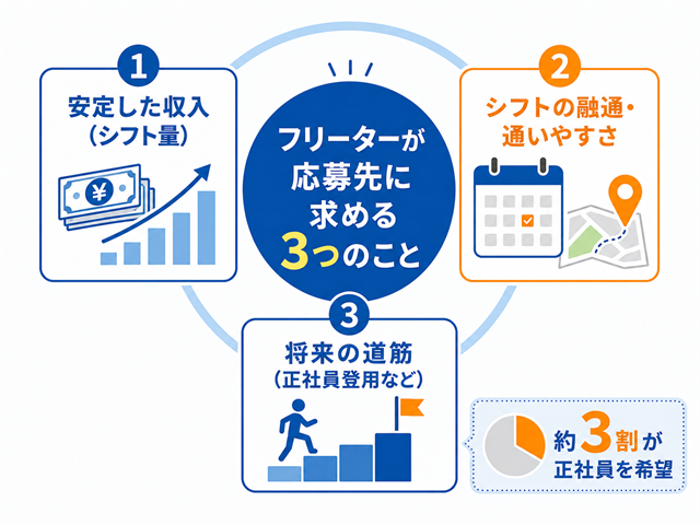 フリーターが応募先に求める3つのこと（安定収入・シフトの融通・将来の道筋）を示した図解