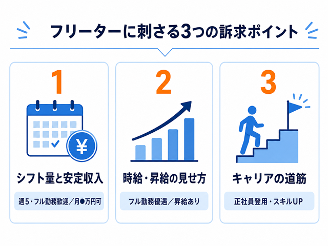 フリーターに刺さる3つの訴求ポイント（シフト量と安定収入・時給の見せ方・キャリアの道筋）を示した図解