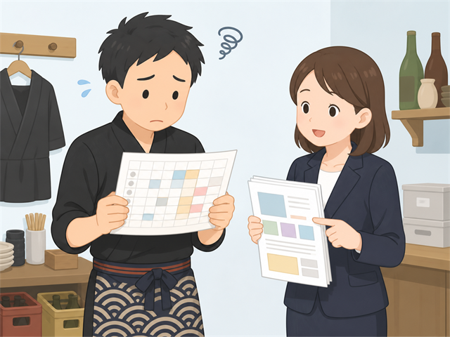 学生中心の体制からフリーター採用への切り替えを求人広告代理店に相談する居酒屋店長のイラスト