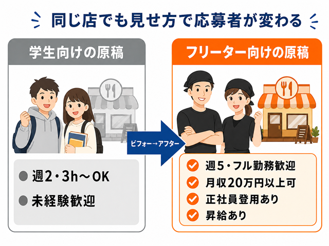 学生向け原稿とフリーター向け原稿のビフォーアフター比較図解
