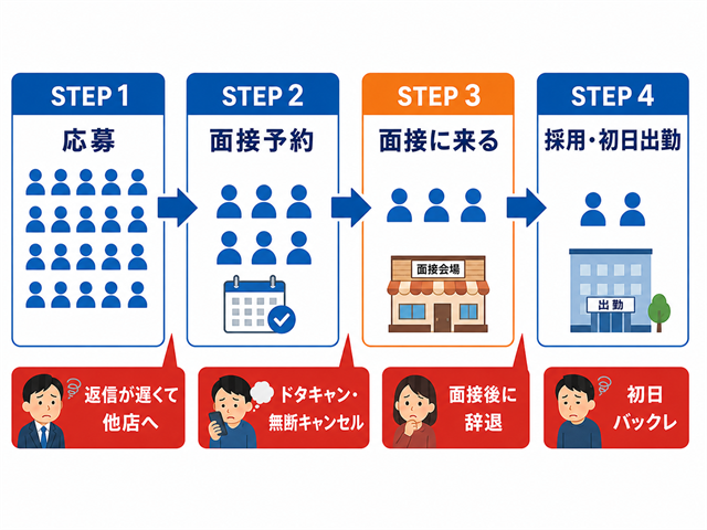 アルバイト応募者が応募から初日出勤まで各段階で離脱していく飲食店の採用ファネルを表した図解