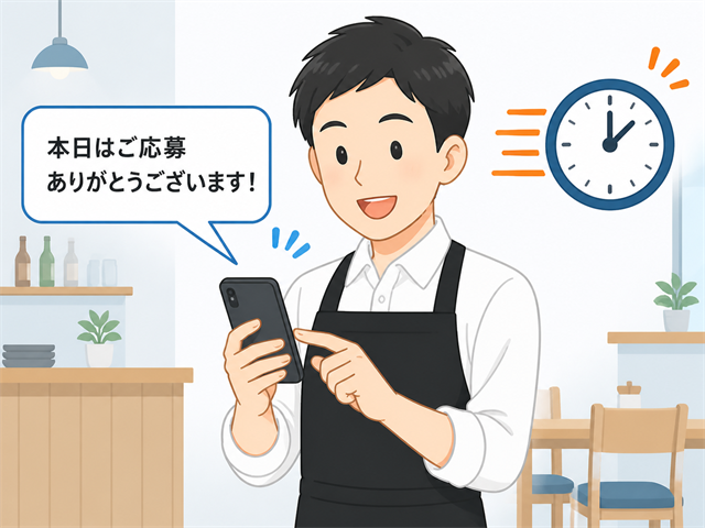 応募後すぐにスマートフォンでアルバイト応募者へ連絡する飲食店の店長のイラスト
