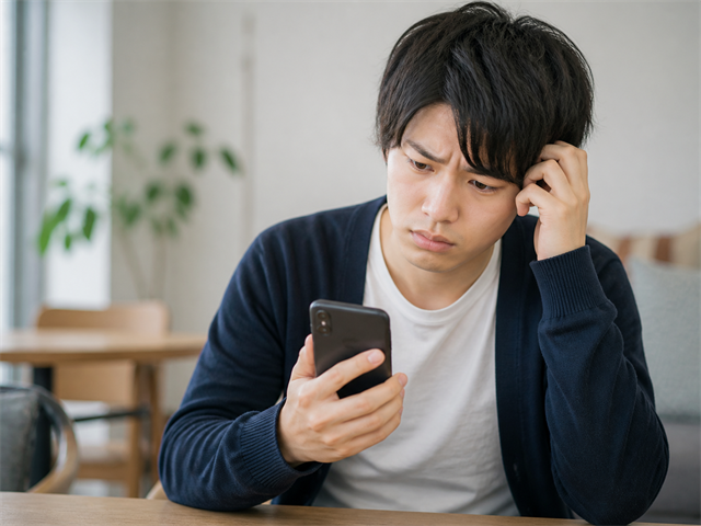 アルバイトの面接後に合否の連絡が来ず不安な表情でスマートフォンを見る応募者
