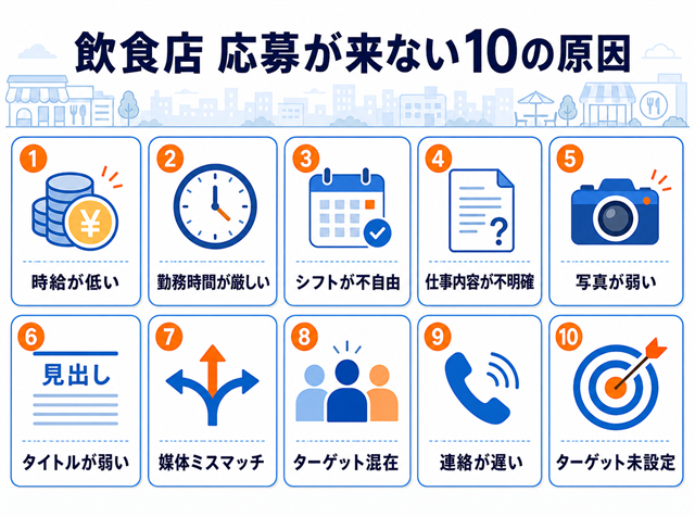 飲食店のアルバイト求人に応募が来ない10の原因の全体像を示した図解