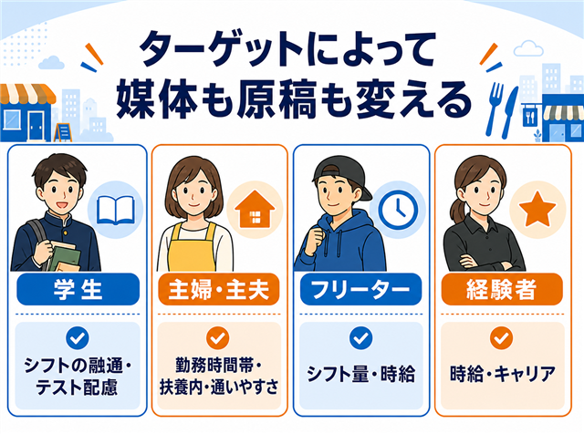 採用ターゲット別（学生・主婦主夫・フリーター・経験者）の重視条件と相性の良い媒体を示した図解