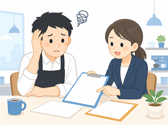 採用してもアルバイトがすぐ辞めると求人広告代理店に相談するカフェの店長のイラスト