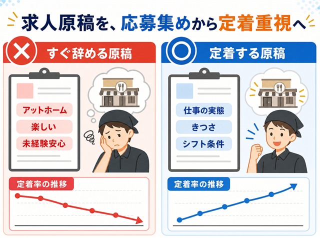 応募集め重視の求人原稿と定着重視の求人原稿を比較したビフォーアフターの図解