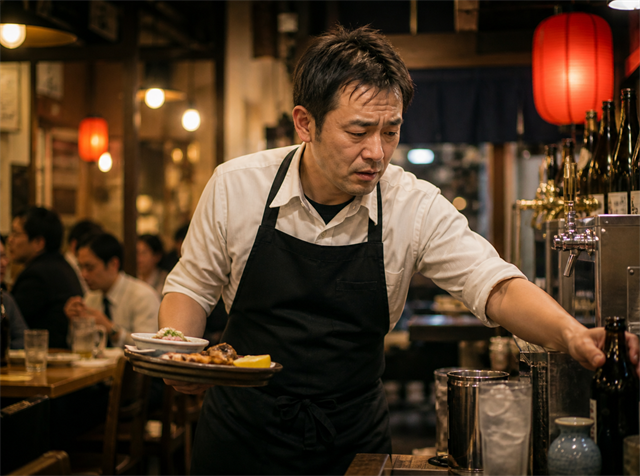 深夜の居酒屋で人手が足りず一人で配膳とドリンク作りに追われる店長