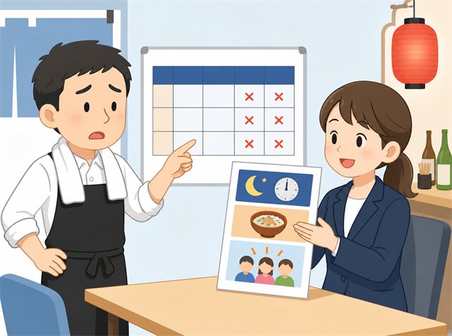 深夜と週末だけ人手が足りないと求人広告代理店に相談する居酒屋の店長のイラスト