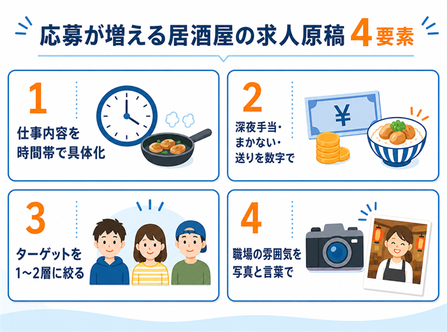 応募が増える居酒屋の求人原稿の4要素（仕事内容の具体化・手当の明示・ターゲット・雰囲気）の図解