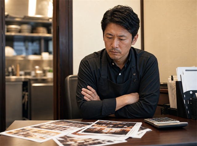時給を上げるべきか電卓と時給表を前に悩む飲食店の店長