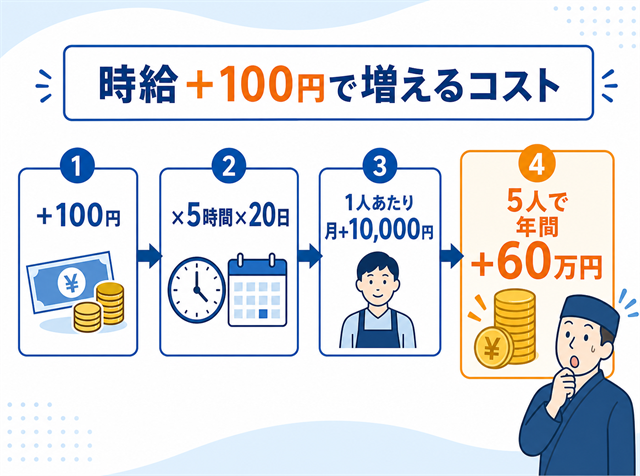 時給を100円上げた場合の年間コスト増加を示した試算の図解