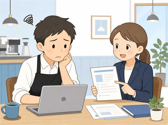 時給を上げるべきか悩み求人広告代理店に相談するカフェの店長のイラスト