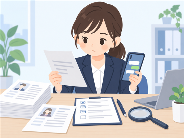 ジモティー求人の応募者をチェックリストで慎重に見極める採用担当者のイラスト