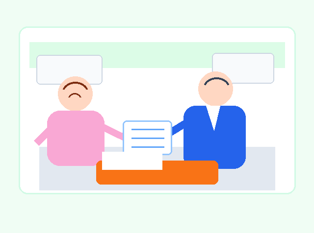 応募が来ない求人について求人広告代理店に相談する介護施設の採用担当者のイラスト