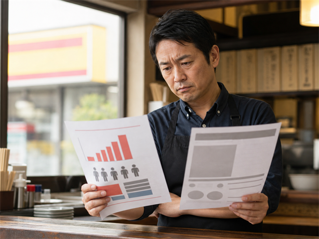 大手チェーンの高い時給と自店の求人を見比べて悩む個人経営の飲食店の店長