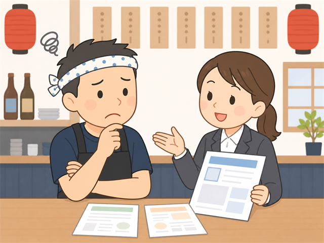 大手チェーンに応募を取られると悩み求人広告代理店に相談する個人経営の居酒屋の店主のイラスト