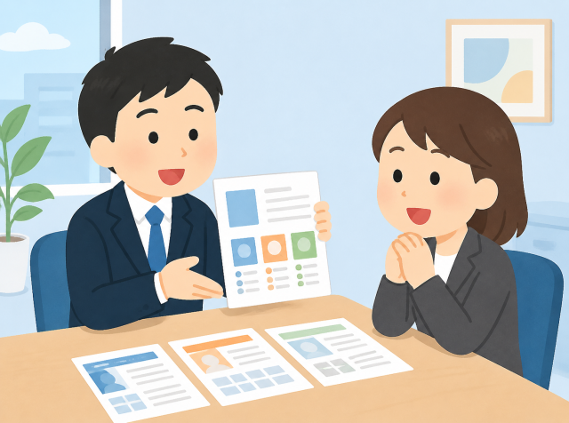 求人広告代理店の担当者が企業の採用担当者に媒体プランを提案しているイラスト