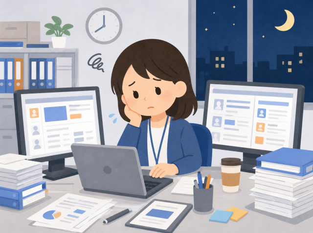 総務と採用を兼務し複数媒体の運用を1人で抱えて困っている担当者のイラスト