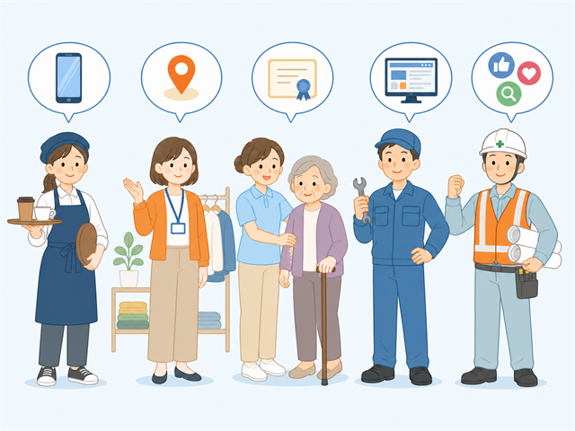 飲食・小売・介護・製造・建設の5業種それぞれに向いた求人媒体を示すイラスト