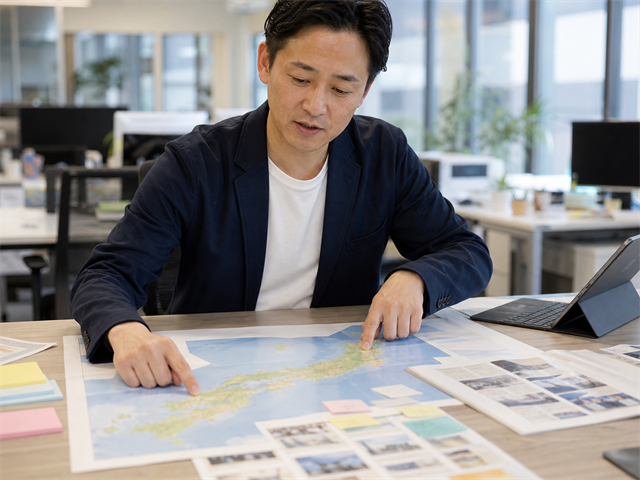 都市部と地方それぞれの求人媒体戦略を地図を見ながら検討する採用担当者の写真