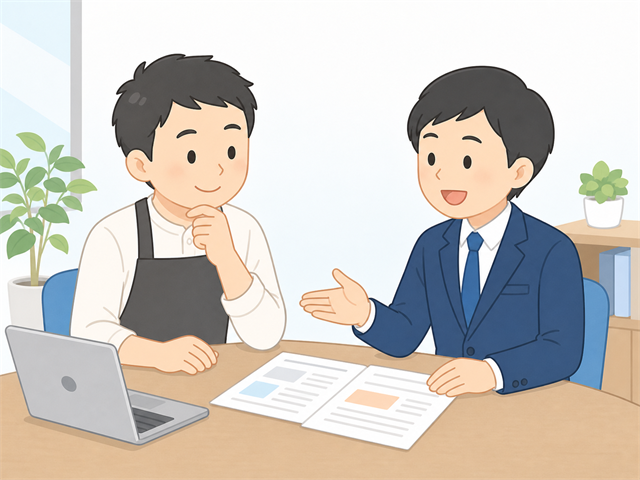 求人広告を掲載する前に、原稿と媒体選定を求人広告代理店に相談する飲食店の店長のイラスト