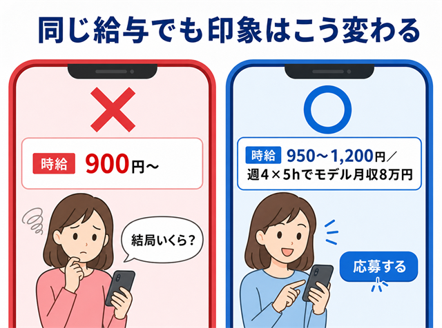 求人の給与欄で下限のみ表示とレンジ表示の見え方を比較した図解
