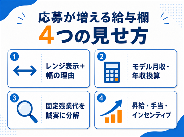 応募が増える給与欄の4つの見せ方を示した図解