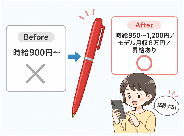 求人の給与欄を書き換える前と後を比較したビフォーアフターのイラスト
