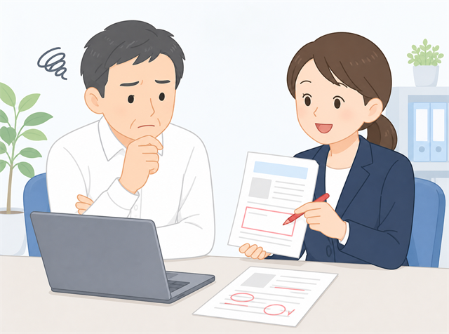 求人の給与欄の書き方を求人広告代理店に相談する採用担当者のイラスト