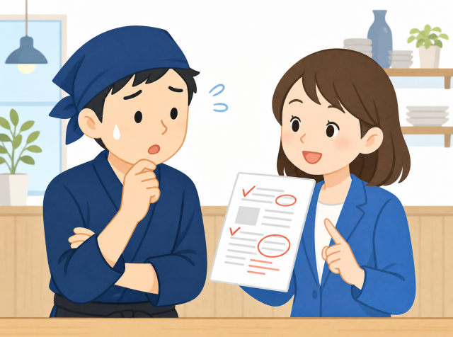 求人原稿が差し戻されて求人広告代理店に相談する飲食店店長のイラスト