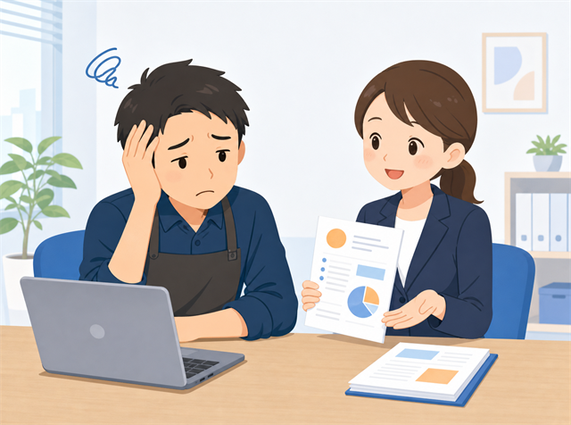 無料求人掲載で応募が来ず求人広告代理店に相談する飲食店の採用担当者のイラスト