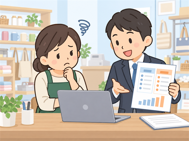 求人ボックスの無料掲載で応募が来ず求人広告代理店に相談する小売店店長のイラスト