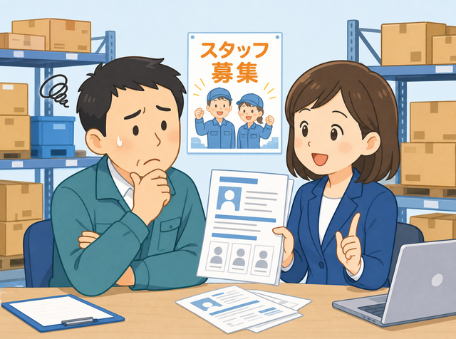 繁忙期の人手不足を求人広告代理店に相談する物流センター長のイラスト