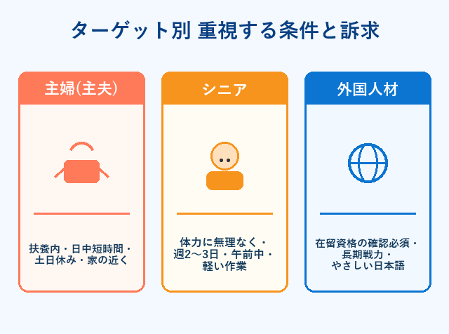 倉庫・軽作業で活躍する主婦・シニア・外国人材のターゲット別の重視条件をまとめた図解