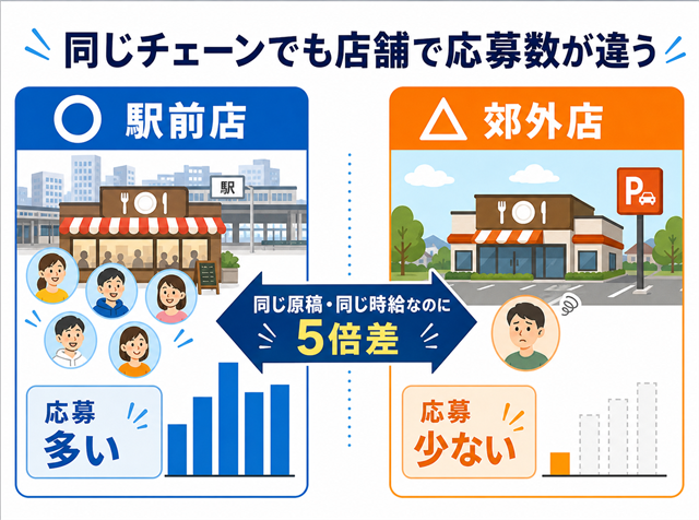 同じチェーンでも駅前店と郊外店で求人の応募数が5倍違うことを示す比較図解