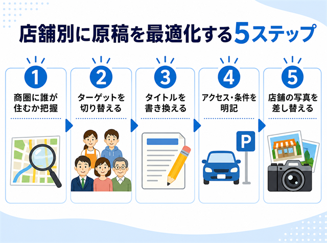 本部の使い回し原稿を店舗別に最適化する5つのステップを示した図解