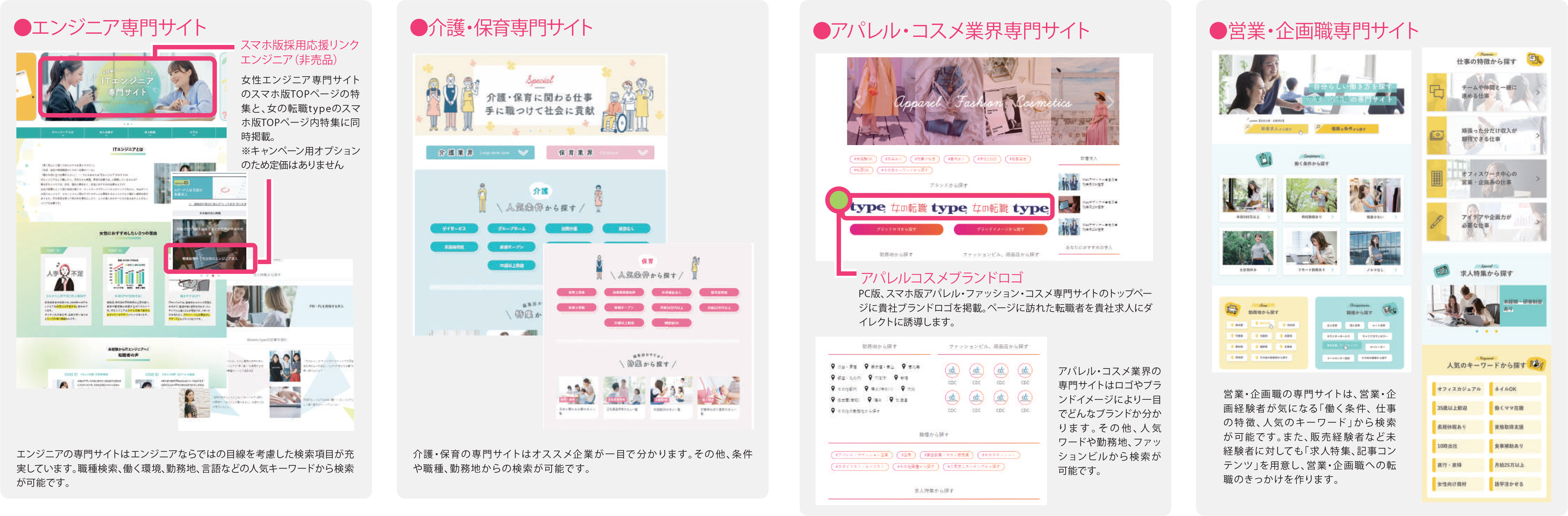 エンジニア専門サイト、保育専門サイト、アパレルコスメ業界専門サイト、営業企画職専門サイト