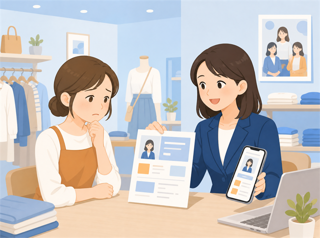 時給を上げても若い応募が来ず求人広告代理店に相談する小売店の店長のイラスト