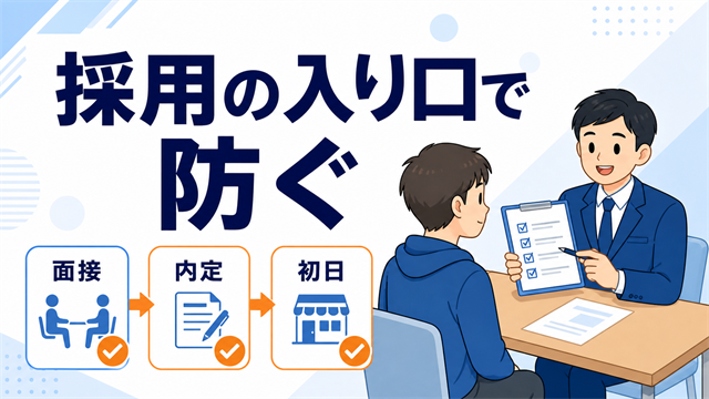 新人アルバイトの採用ミスマッチを防ぐ、面接から内定後・初日までの採用時チェックポイントを示したアイキャッチ画像