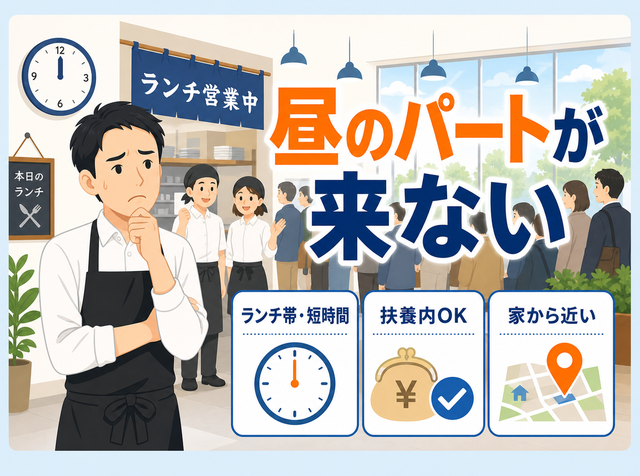 ランチタイムのパートが集まらない飲食店で主婦・主夫を採用するコツを勤務時間帯・扶養内・通いやすさの3条件で解説するアイキャッチ画像