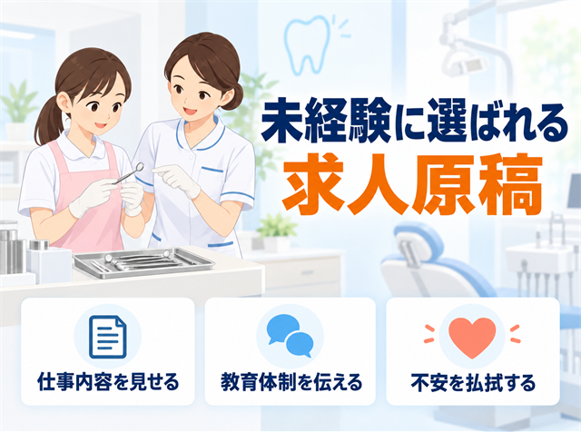 未経験の歯科助手が先輩から器具の準備を教わる様子と「未経験に選ばれる求人原稿」の見出しを配したアイキャッチ画像